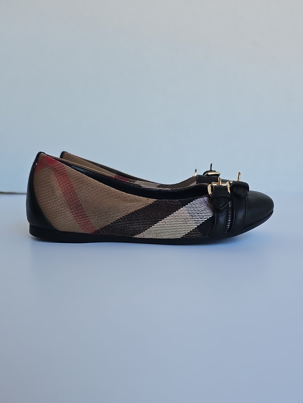 BURBERRY Kids Classic Check Leather Buckle Ballet Flats EU 27